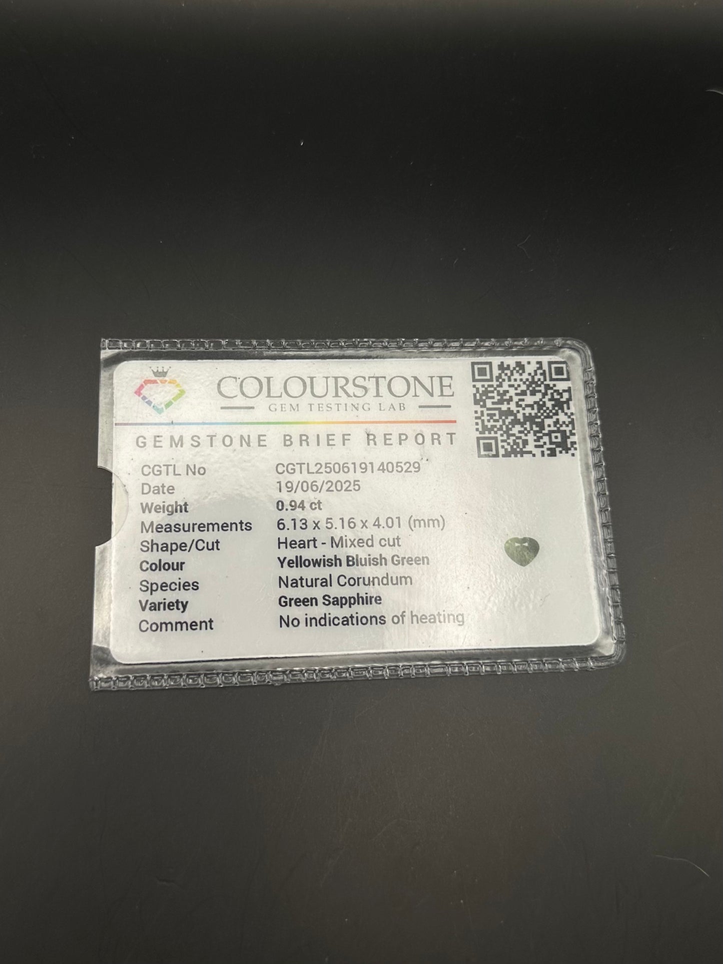 Yellowish Bluish Green  (heart) - .94 ct