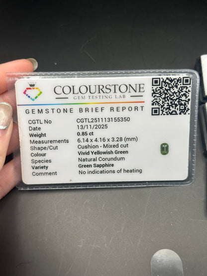 yellow-green sapphire (cushion) .85 ct